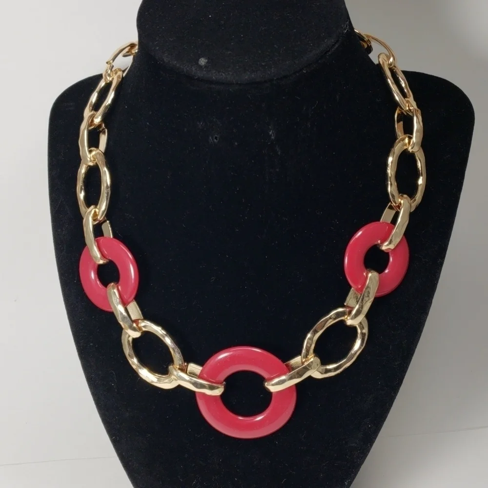 Gold Statement Necklace – Bold Red Burgundy Hoop Design - Women's Jewelry